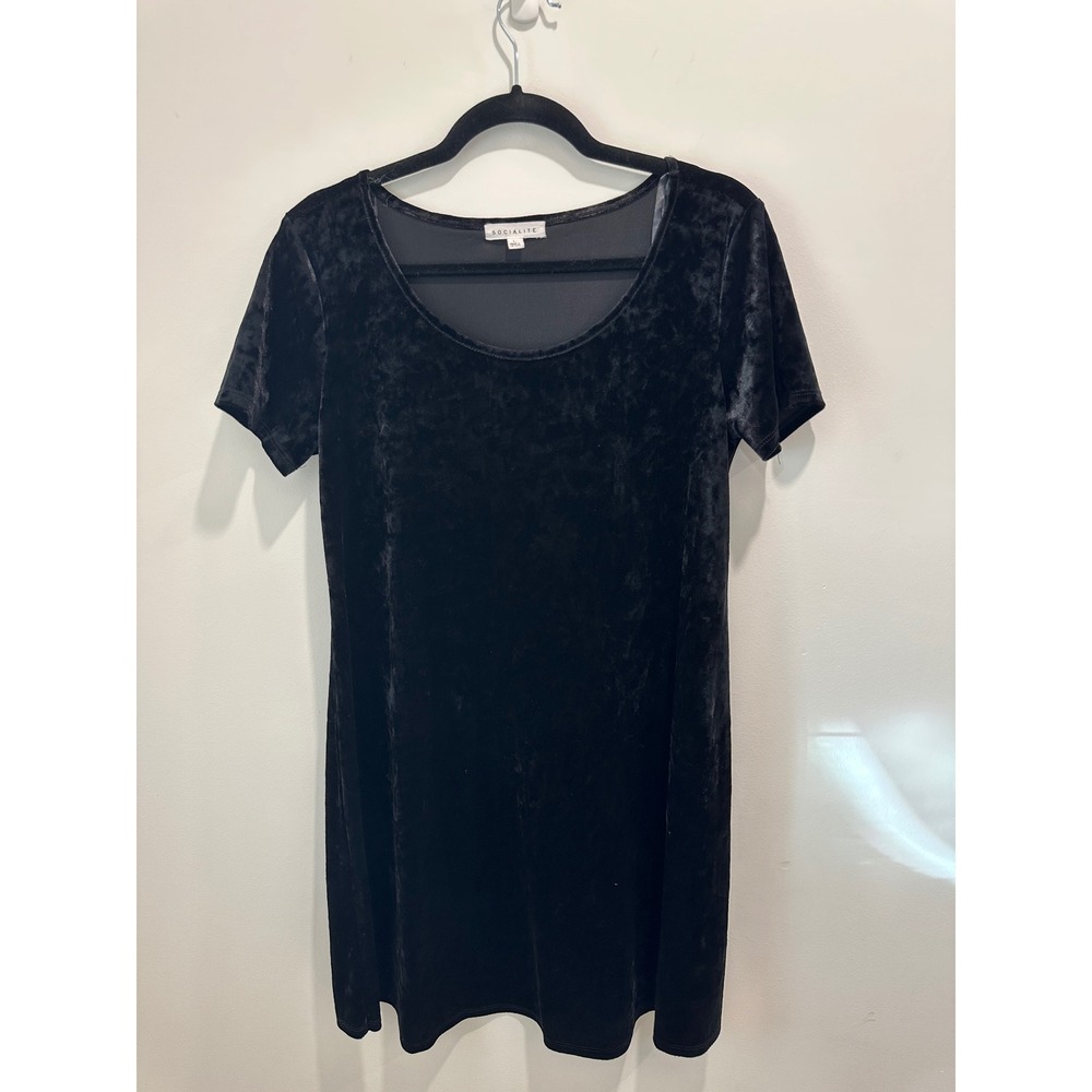 Socialite Black Crushed Velvet Short Sleeve Scoop Neck Mini Shift Dress Womens L